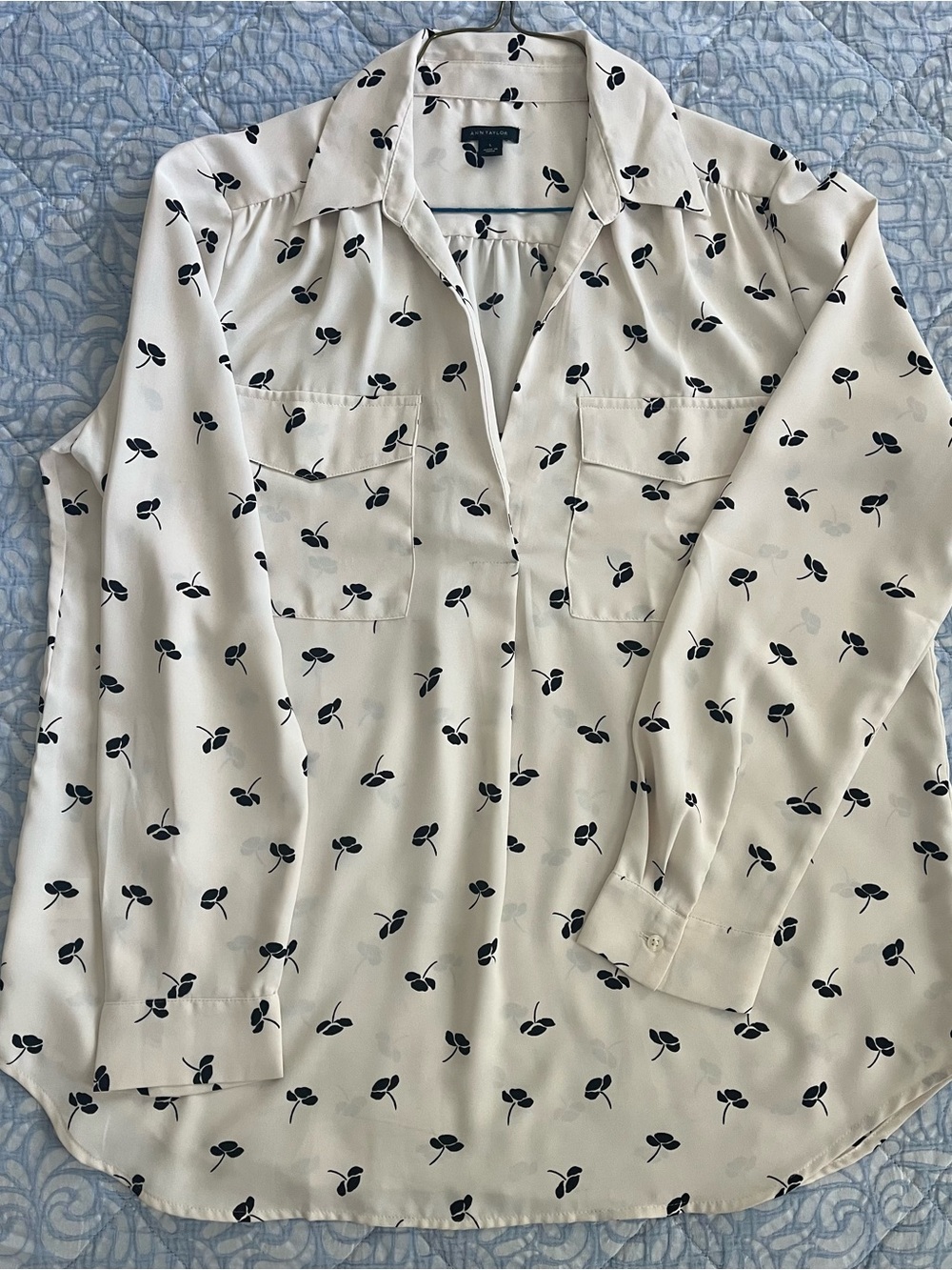 Ann Taylor Cream Blouse with Black Leaf Motif